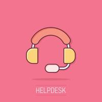 Helpdesk icon in comic style. Headphone cartoon vector illustration on isolated background. Chat operator splash effect business concept.