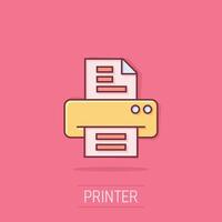 Office printer icon in comic style. Fax cartoon vector illustration on isolated background. Text printout splash effect business concept.