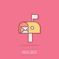 Mailbox icon in comic style. Postbox cartoon vector illustration on isolated background. Email envelope splash effect business concept.