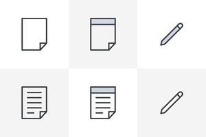 Paper, Notepad and Document icon set with Pen. Document symbol flat style line icon pack vector