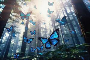 AI generated Big group of stylized blue monarch butterflies flying in a natural forest environment, AI generated photo