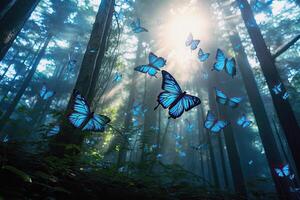 AI generated Big group of stylized blue monarch butterflies flying in a natural forest environment, AI generated photo