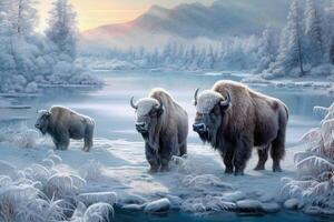 AI generated Herd of bison covered with ice walking in snow, AI generated photo