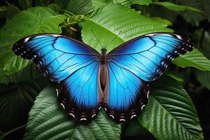 ai generado hermosa estilizado azul monarca mariposa en natural hojas ambiente, ai generado foto