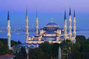 azul hora terminado sultán ahmet mezquita, Estanbul, Turquía foto