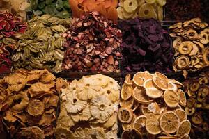 Egyptian bazar with close up of dried fruits Istanbul, Turkey photo