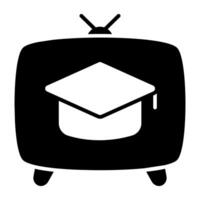 Mortarboard inside TV, broadcast media icon vector