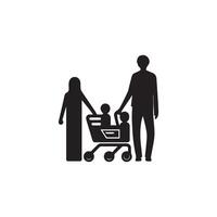 familia con compras. compras tarjeta icono. negro en blanco antecedentes. vector ilustración