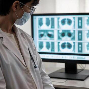 AI generated A doctor in a white coat sits in front of a computer screen displaying brain scans photo