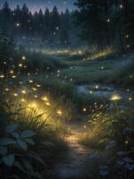 AI generated A painting of a forest path at dusk with glowing fireflies. ai generative photo