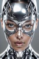 AI generated Poster image of a woman in a silver cyborg outfit. photo