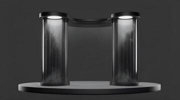 AI generated The cylindrical display stand has a bare cement surface. A stand for displaying or designing an empty backdrop. ai generative photo