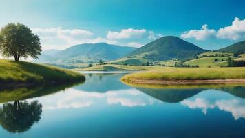 ai generado un sereno paisaje caracteristicas un lago en el primer plano, con un herboso campo y montañas en el antecedentes. ai generativo foto