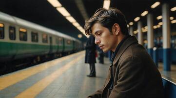 ai generado un viajero diario al trabajo esperando a un tren estación, capturar un mezcla de anticipación, impaciencia, y contemplación. ai generativo foto