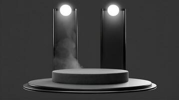 AI generated The cylindrical display stand has a bare cement surface. A stand for displaying or designing an empty backdrop. ai generative photo