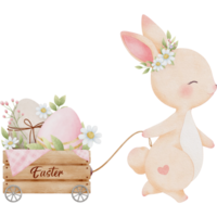 A happy Easter bunny is pulling a cart filled with brightly colored eggs, surrounded by blooming flowers. png