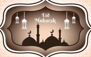 eid al fitr template banner with mosque silhouette and lantern hanging ornament, ramadan mubarak vector