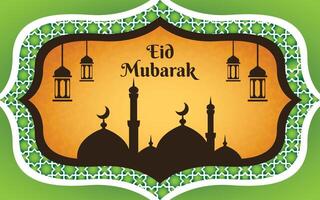 eid al fitr template banner with mosque silhouette and lantern hanging ornament, ramadan mubarak vector design