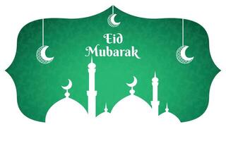 eid al fitr template banner with mosque element and crescent moon hanging ornament, ramadan mubarak green background vector