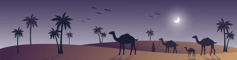 arabesque web horizontal banner, silhouette camel and palm tree, beautiful moonlight, night view in desert area, islamic background template vector