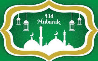 eid al fitr template banner with mosque element and lantern hanging ornament, ramadan mubarak vector