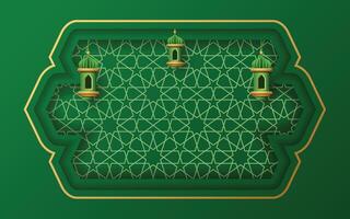 islamic border frame green color with lantern ornament and ramadan kareem pattern background vector