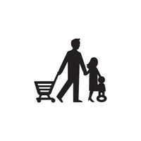 familia con compras. compras tarjeta icono. negro en blanco antecedentes. vector ilustración