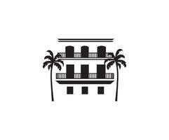 Palm tree and house icon on white background. Vector illustration.
