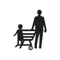 familia con compras. compras tarjeta icono. negro en blanco antecedentes. vector ilustración