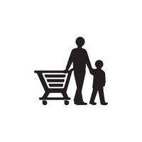 familia con compras. compras tarjeta icono. negro en blanco antecedentes. vector ilustración