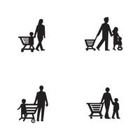 familia con compras. compras tarjeta icono. negro en blanco antecedentes. vector ilustración