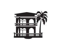 Palm tree and house icon on white background. Vector illustration.