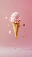 AI generated AI Generated creative flying scoop of ice cream in waffle cone on pink background. photo