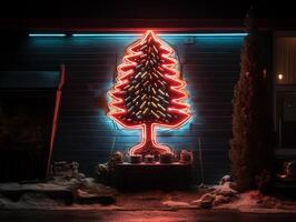 AI generated AI Generated neon Christmas tree light on the wall photo