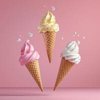 AI generated AI Generated creative flying scoop of ice cream in waffle cone on pink background. photo