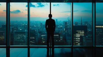 AI generated AI Generated businessman standing in office in front of a floor-to-ceiling glass window. photo