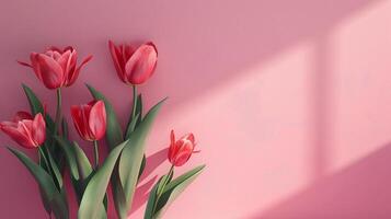 AI generated Mother's day, Valentine's Day background concept with tulip flower, blank greeting card. photo