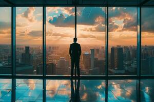 AI generated AI Generated businessman standing in office in front of a floor-to-ceiling glass window. photo