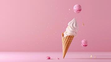 ai generado ai generado creativo volador cucharón de hielo crema en gofre cono en rosado antecedentes. foto