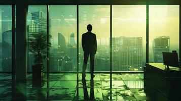 AI generated AI Generated businessman standing in office in front of a floor-to-ceiling glass window. photo