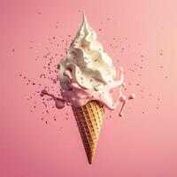 AI generated AI Generated creative flying scoop of ice cream in waffle cone on pink background. photo