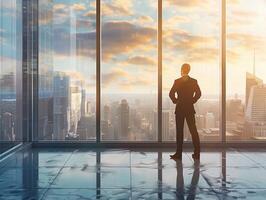 AI generated AI Generated businessman standing in office in front of a floor-to-ceiling glass window. photo