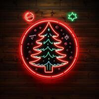 AI generated AI Generated neon Christmas tree light on the wall photo