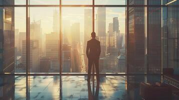 ai generado ai generado empresario en pie en oficina en frente de un piso a techo vaso ventana. foto