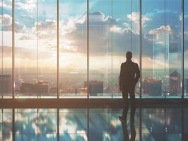 AI generated AI Generated businessman standing in office in front of a floor-to-ceiling glass window. photo