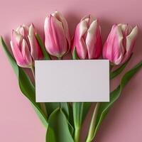 ai generado de la madre día, San Valentín día antecedentes concepto con tulipán flor, blanco saludo tarjeta. foto