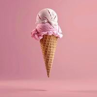 AI generated AI Generated creative flying scoop of ice cream in waffle cone on pink background. photo