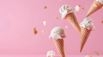 AI generated AI Generated creative flying scoop of ice cream in waffle cone on pink background. photo