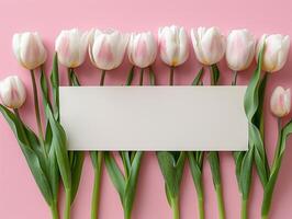 AI generated Mother's day, Valentine's Day background concept with tulip flower, blank greeting card. photo