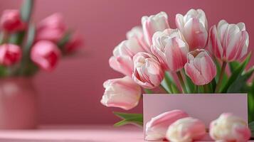 AI generated Mother's day, Valentine's Day background concept with tulip flower, blank greeting card. photo
